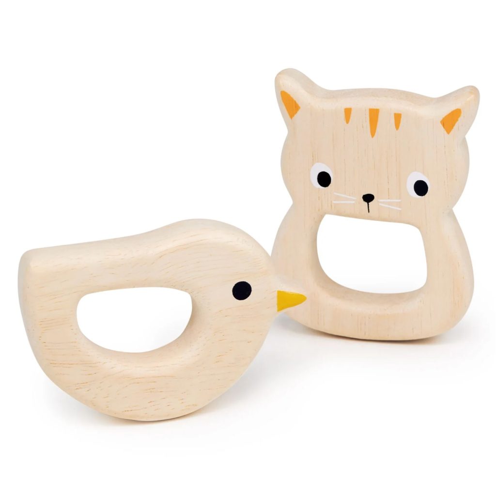 Junior Magazine Wooden Bird & Kitten Teether set, £9, ThreadBear Design