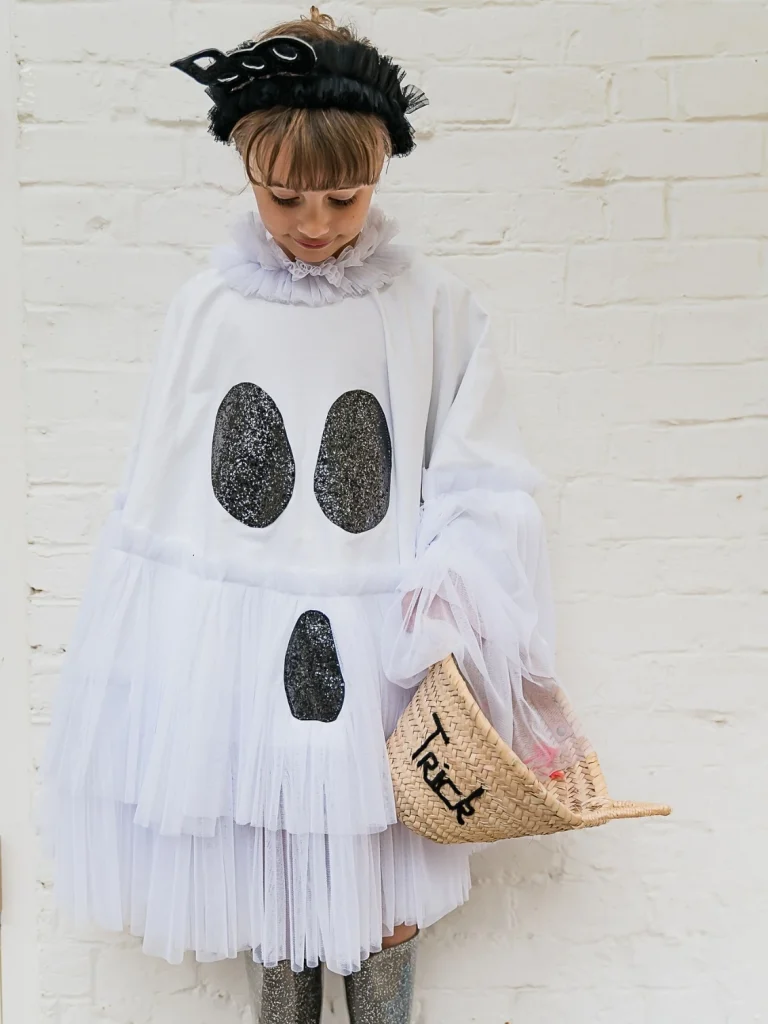 Junior Magazine Kids White Ghost Tie Back Halloween Cape, from £82, Florence and Bunny at Holly & Co