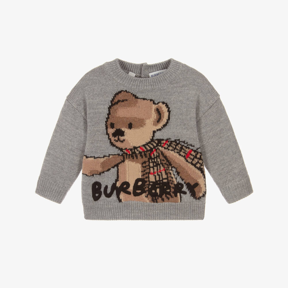 Junior Magazine Burberry Baby Boys Grey Wool Knit Thomas Bear Sweater, £380, Childrensalon