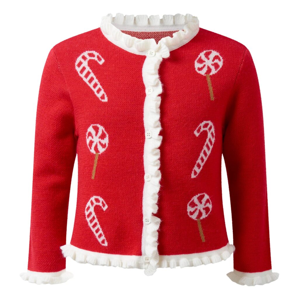 Junior Magazine Candy Cane Cardigan, £69, Rachel Riley