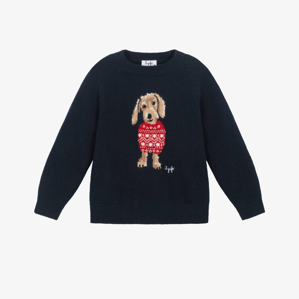 Junior Magazine Il Gufo Wool Knit Sweater with Dog Intarsia, £142, Childrensalon