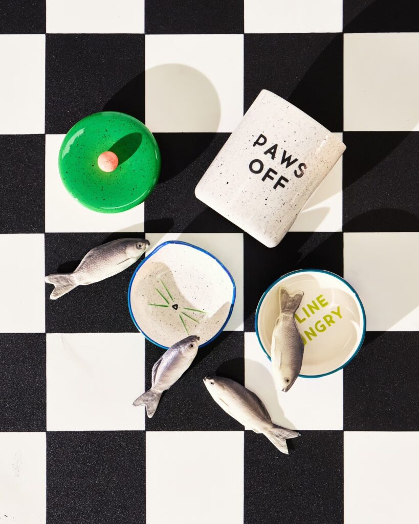 Junior Magazine Paws Off Speckle Pet Treat Jar, £23.50 and Speckle Pet Bowls, £12.50 each, Oliver Bonas