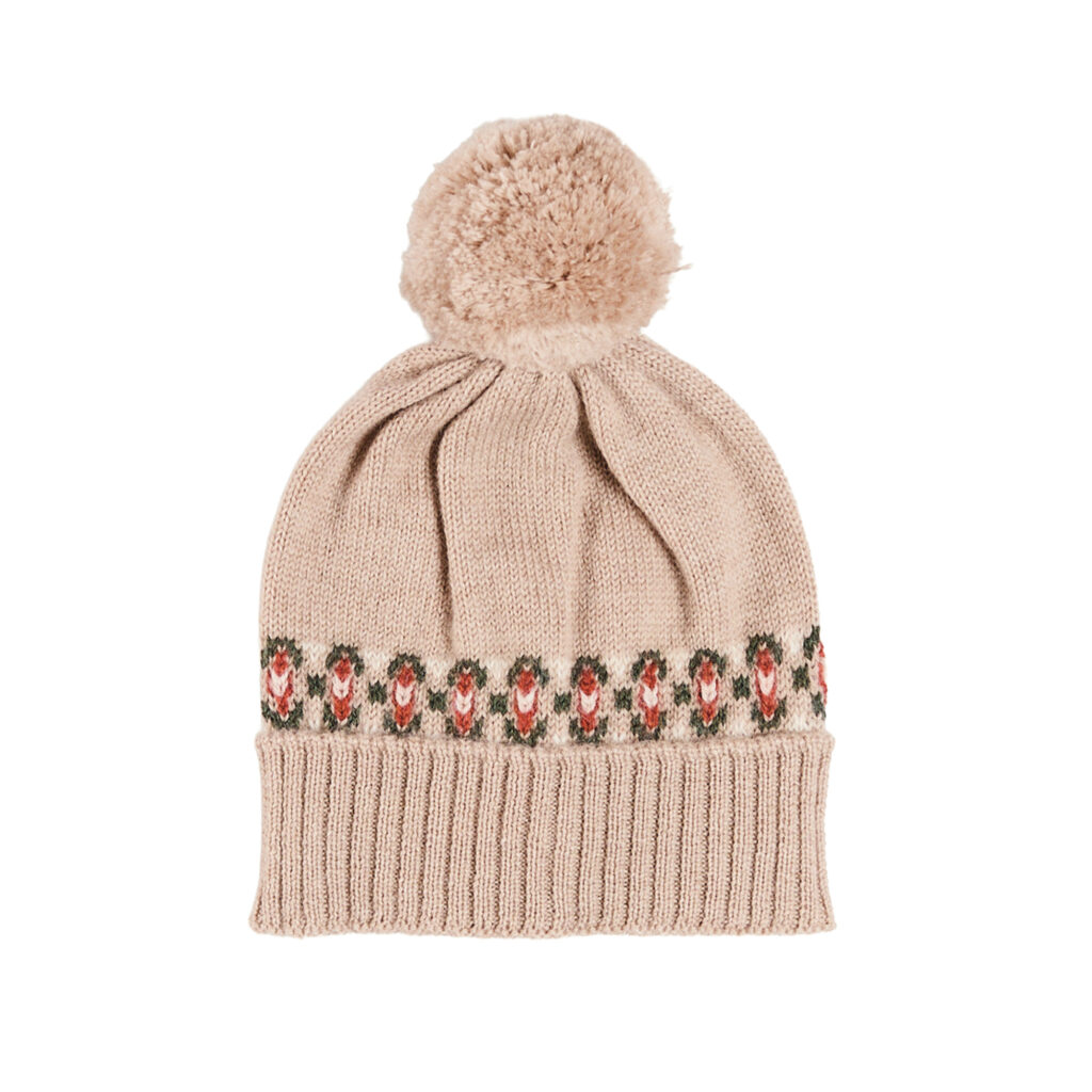 Junior Magazine Fair Isle Knitted Pom Pom Hat in Camel, £60, Pepa London