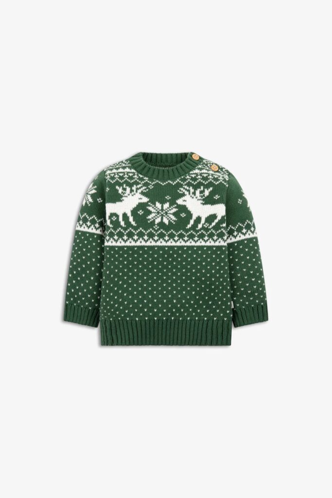 Junior Magazine Baby Green Reindeer Jumper, £26, The Little Tailor