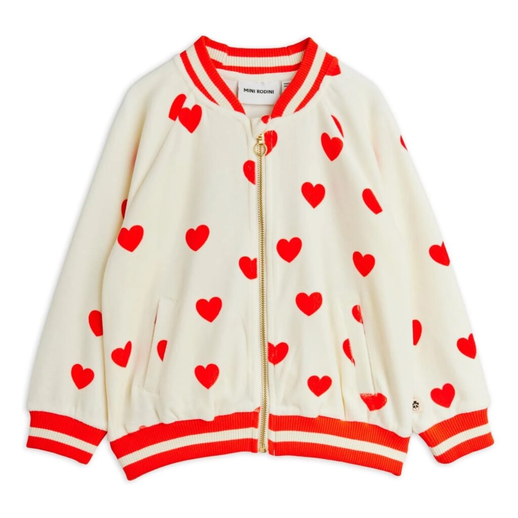 Junior Magazine Mini Rodini Velour Zip-Up Top with Red Heart Print, £65, Childrensalon