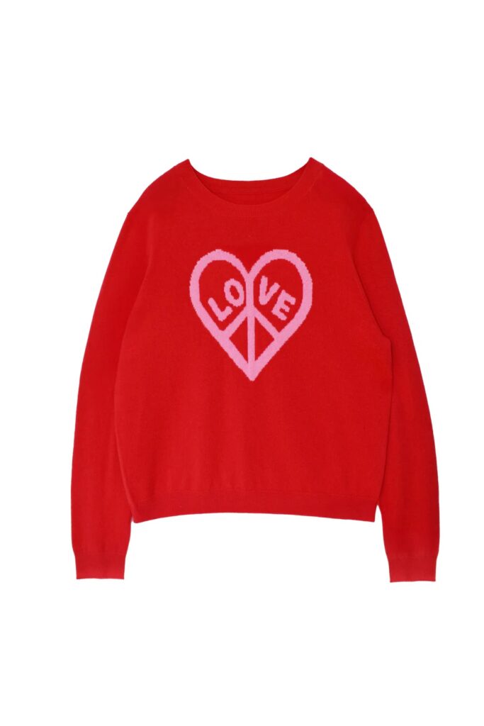 Junior Magazine Save the Children Velvet-Red Wool-Cashmere Love & Peace Sweater, £95, Chinti & Parker