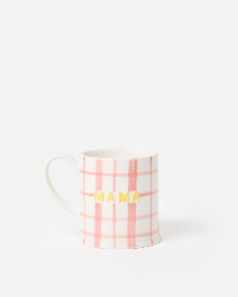 Junior Magazine Pink & Yellow Check Ceramic Mama Mug, £12.50, Oliver Bonas