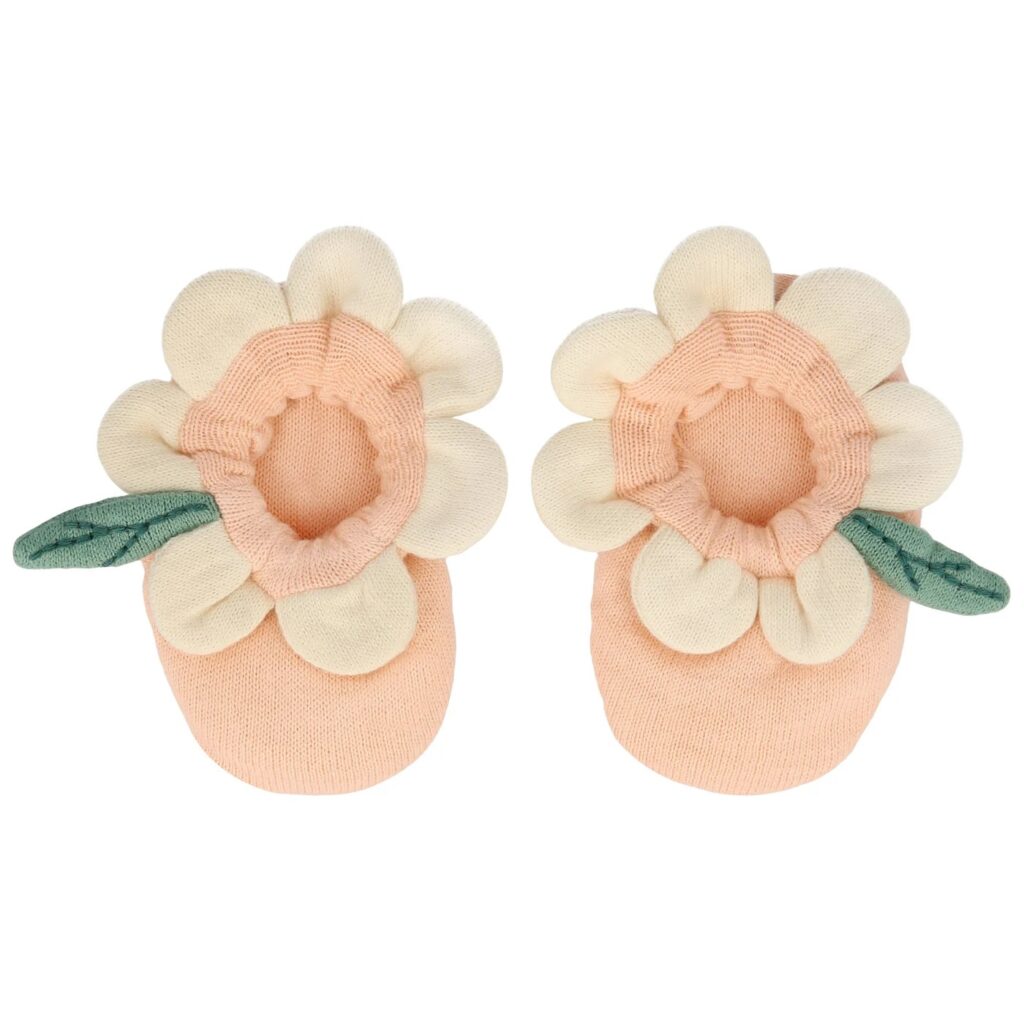 Junior Magazine Peach daisy baby Booties, £25, Meri Meri