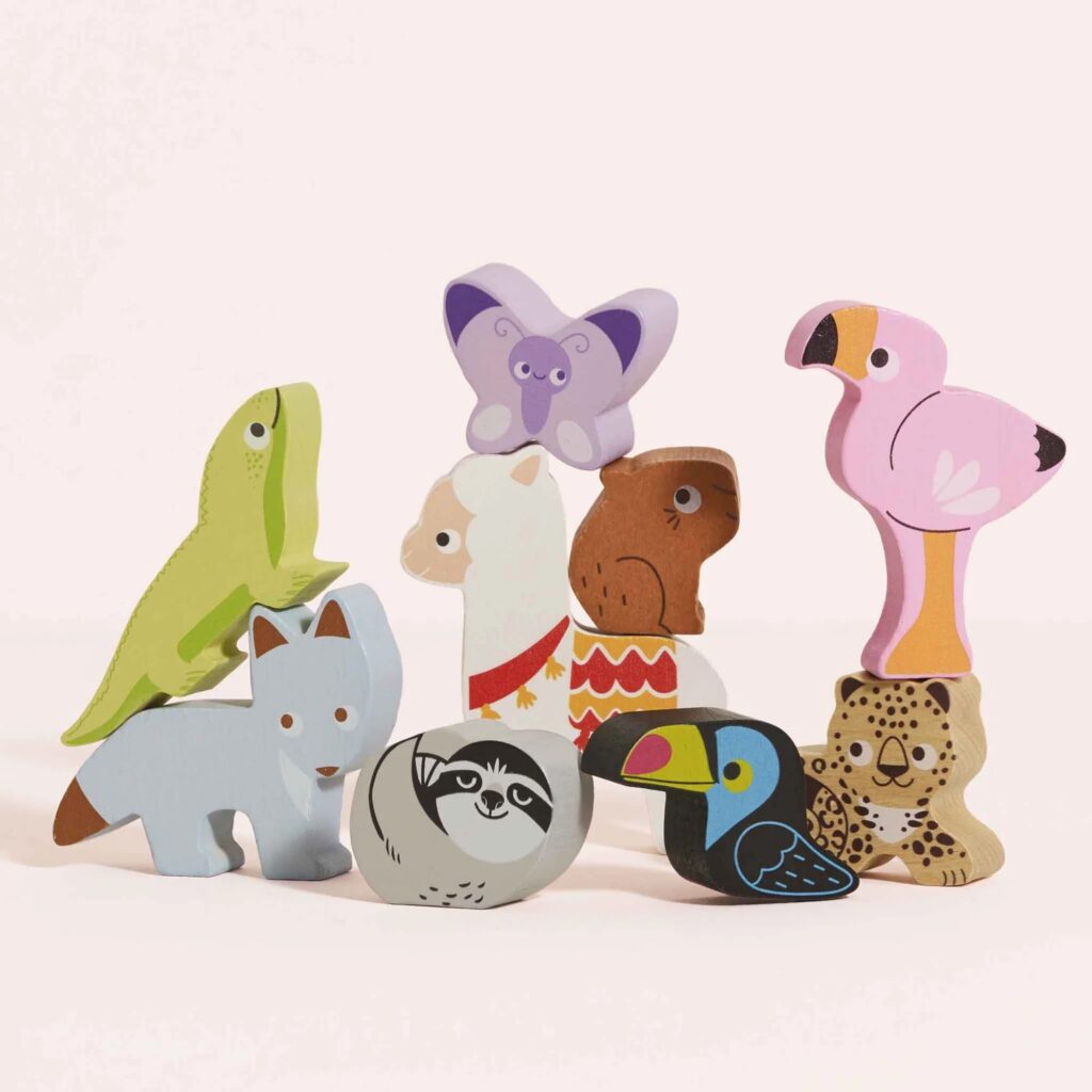 Junior Magazine Le Toy Van offers a selection of wooden stacking toys, all kept together in a handy cotton drawstring bag making them ideal for travel or while out and about. Choose from zoo animals, African safari theme, dinosaurs and sea life creatures. We couldn’t resist that little flamingo!