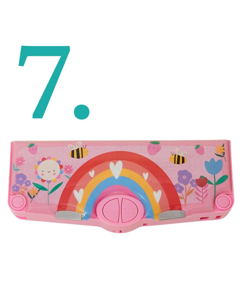 Junior Magazine Anyone who remembers the joy of pencil cases with secret compartments will enjoy passing on the pleasure to their kids. This rainbow version features pop-out compartments for scissors, sticky tape and a pencil sharpener as well as slip-in storage for their favourite pens and pencils.