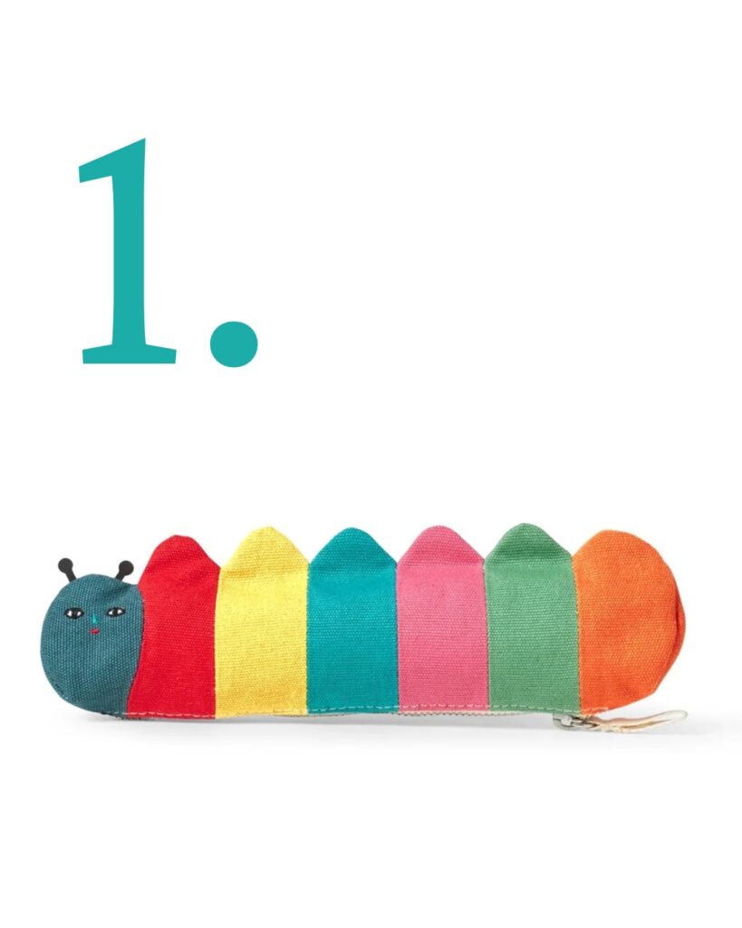 Junior Magazine How cute is this little caterpillar designed by Donna Wilson? Guaranteed to put a smile on anyone’s face, whether they’re a student or a teacher.  Simple, sturdy cotton with an easy-to-grip zip.