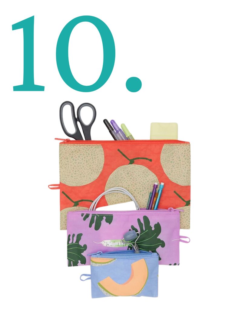 Junior Magazine Sometimes one pencil case just won’t cut it. This trio of pouches will make sure everything has a home and will make rummaging in that backpack so much easier. We love the mismatched bold prints and handy loops for attaching them together on a key chain. Great for storing stationery, hand sanitisers and personal hygiene products for older kids.