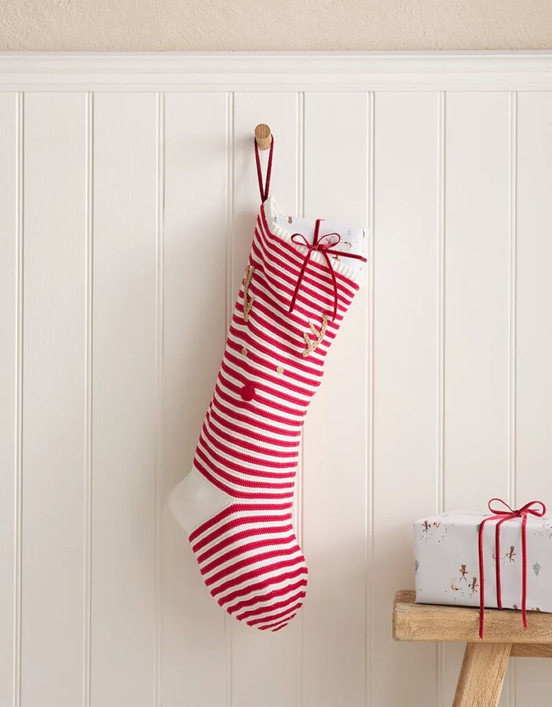 Junior Magazine Jingles Reindeer Embroidered Stripe Stocking, £30, The White Company