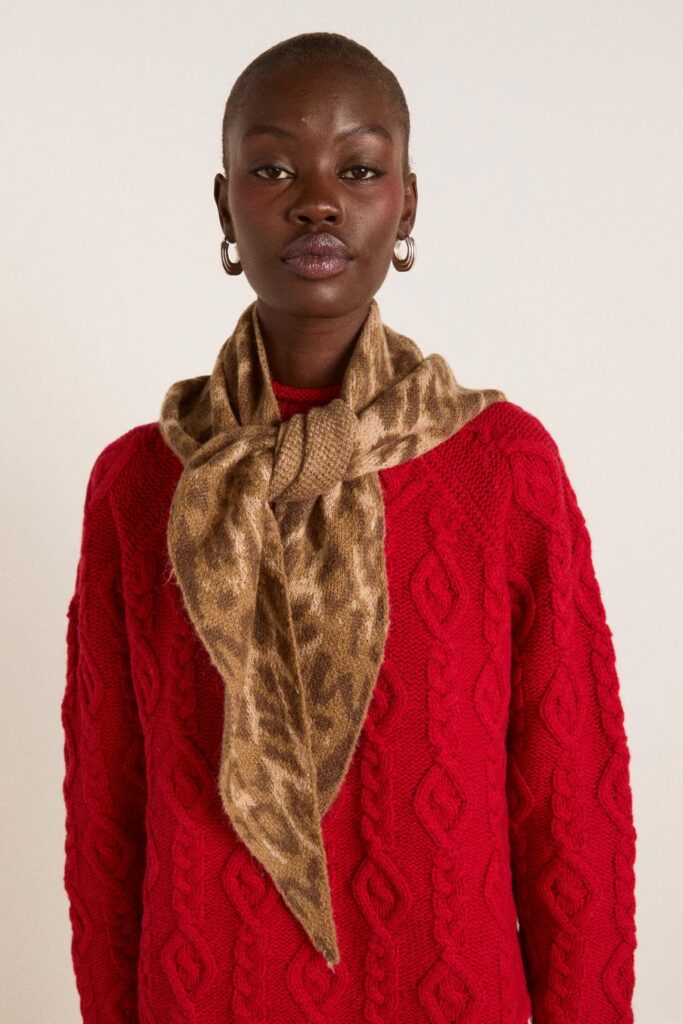Junior Magazine Knitted Triangle Scarf – Leopard, £32, Damson Madder