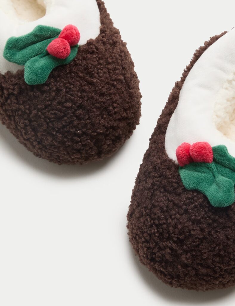 Junior Magazine Kids’ Christmas Pudding Faux Fur Slippers, from £13, M&S
