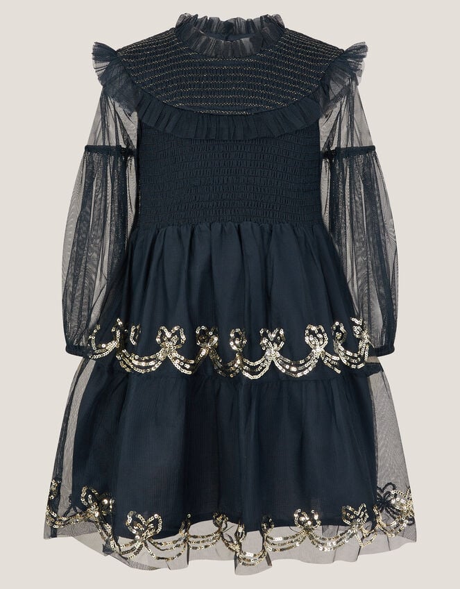 Junior Magazine Bow Shirred Mesh Dress,  from £36, 3-15yrs, Monsoon