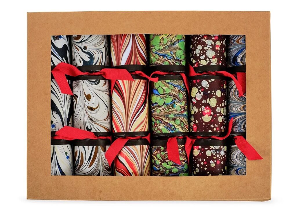 Junior Magazine Marble Christmas Crackers (6) containing recycled leather gifts from Undercover, £65.00, Heal’s