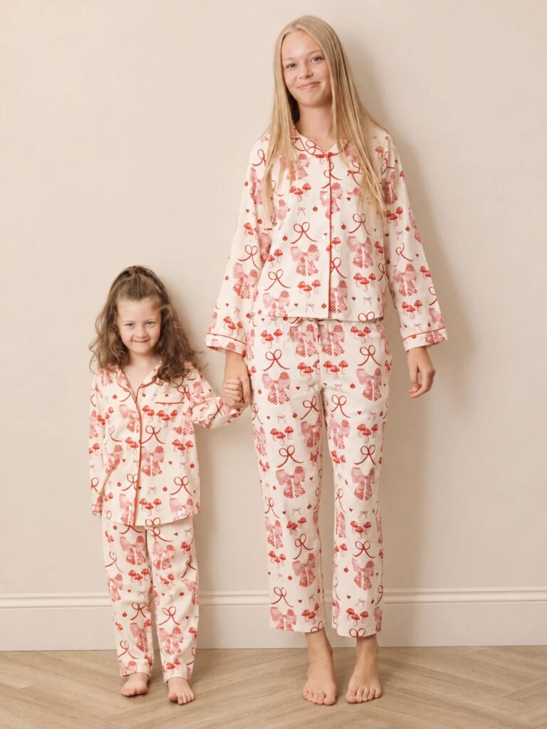 Junior Magazine Tween Mushrooms and Bows Brushed Cotton Pyjamas, £36  and Matching Kids Pyjamas, £26, both Their Nibs