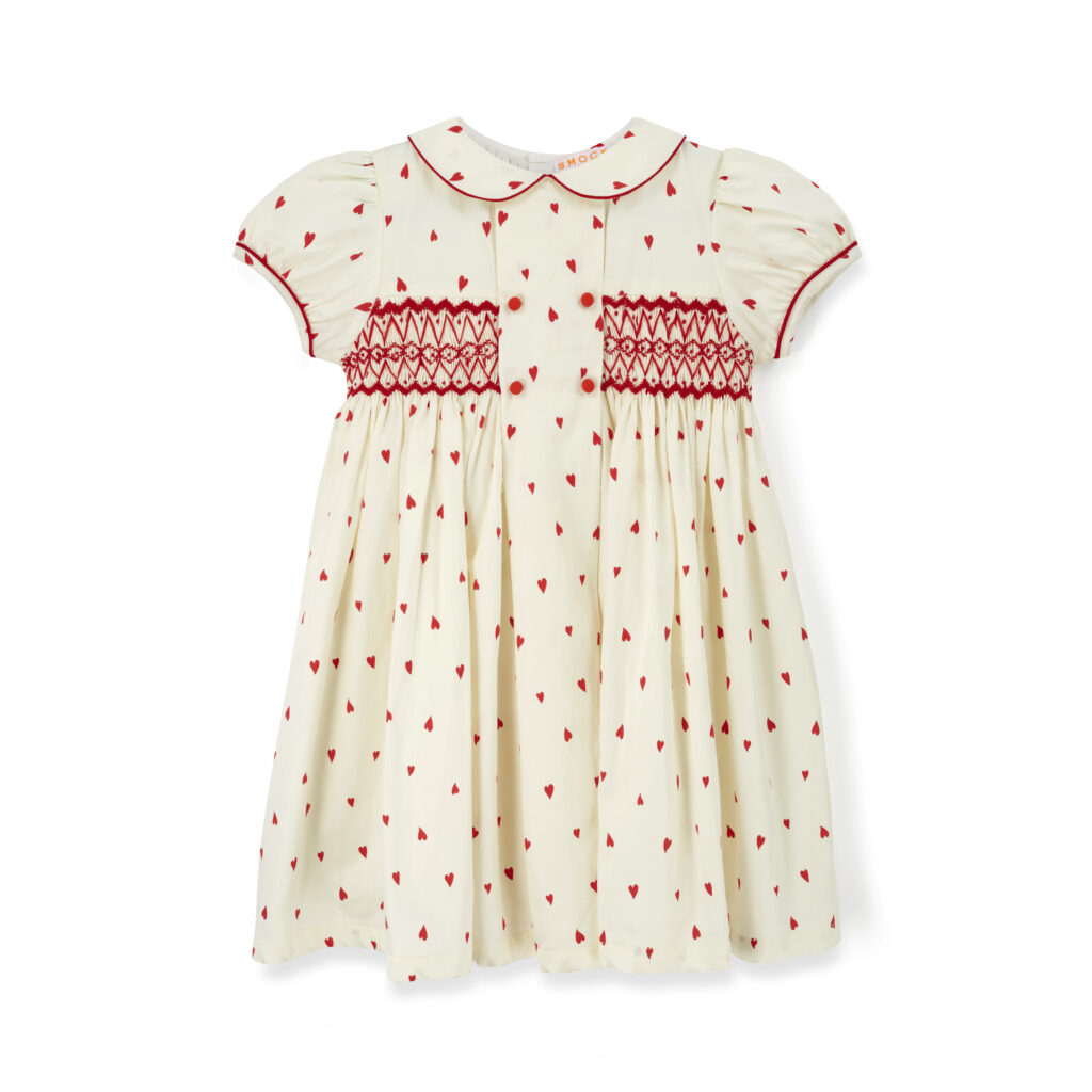 Junior Magazine Thatcher Dress Loveheart Cotton Lawn With My Funny Little Valentine Hand Smocking, £95, Smock London
