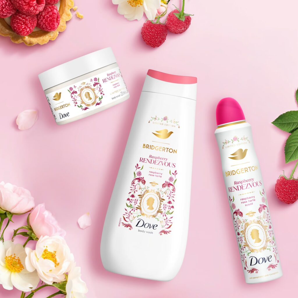 Junior Magazine Dove X Bridgerton Raspberry Rendezvous Body Wash, Body Scrub and Anti-Perspirant, from £3, Boots
