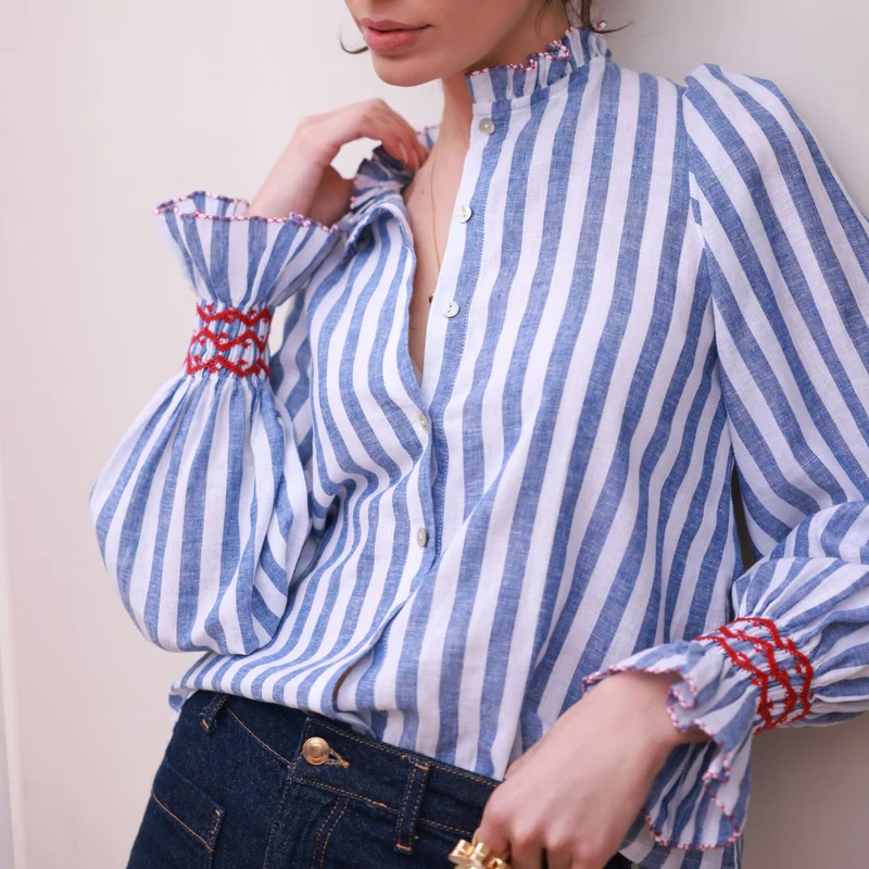Junior Magazine Shelley Blouse Marine Stripes with Red or Dead Hand Smocking, £175, Smock London