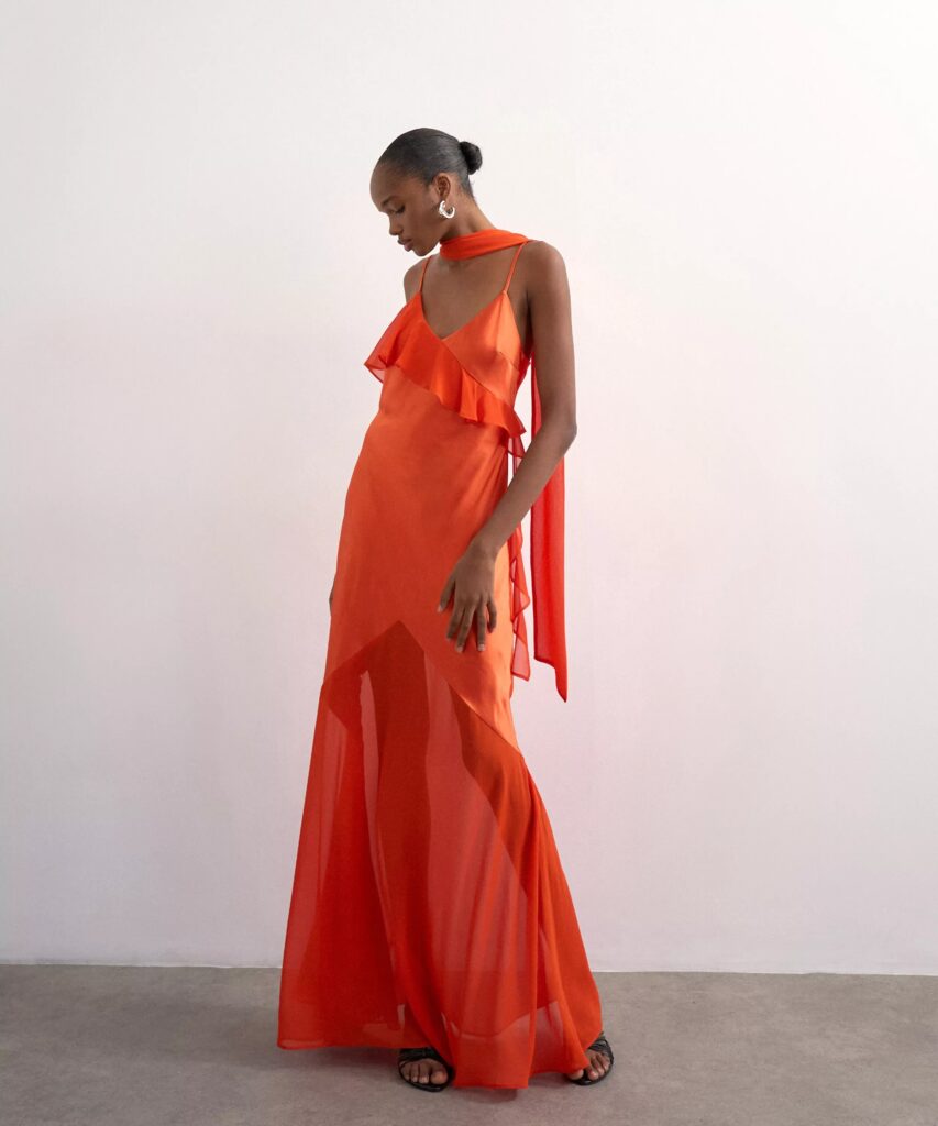 Junior Magazine Topshop Rust Mixed Fabric Ruffle Detail Maxi Slip Dress, £65, Liberty