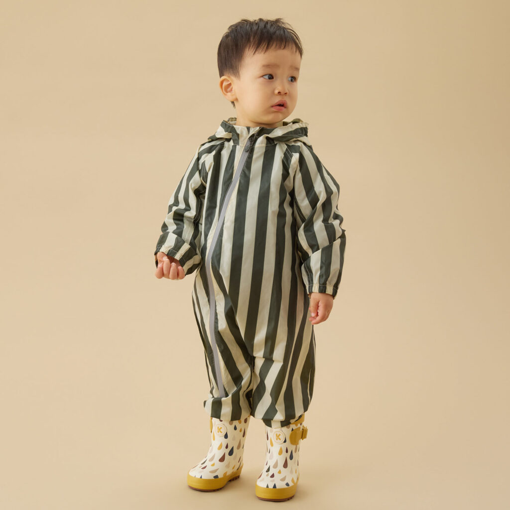 Junior Magazine Packaway Rain Suit in Khaki Stripe, £35, KIDLY by MORI 